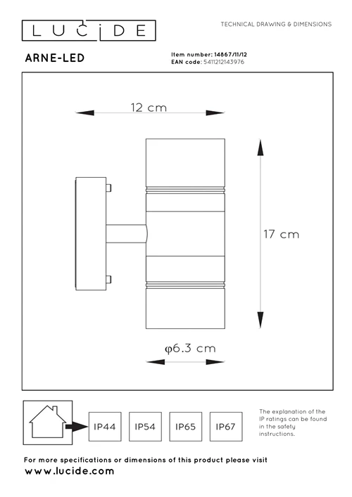Lucide ARNE-LED - Wandlamp Binnen/Buiten - Ø 6,3 cm - LED - GU10 - 2x5W 2700K - IP44 - Mat chroom - technisch